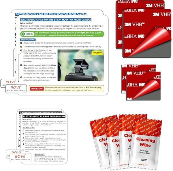 ROVE Windshield Electrostatic Films & 3M Sticky Tapes – 2 Pack Each for Front & Rear (Compatible with R2-4K Dual Dash Cam)